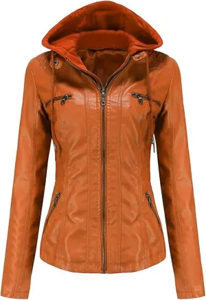 Women Fashion Motorcycle Jacket, Women Removable Hood Faux Leather Jacket, Women Casual Faux leather Jacket