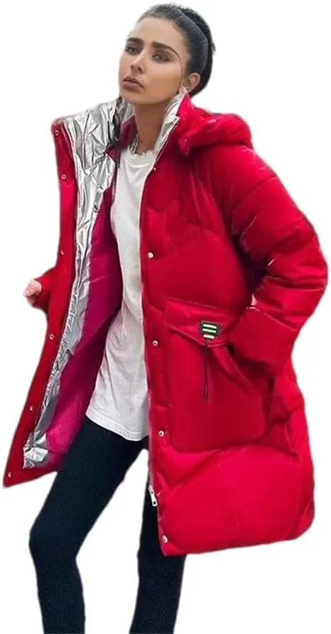 Women Hooded Down Jackets Coat Loose Warm Snow Down Cotton Padded Jacket Casual Long Parkas