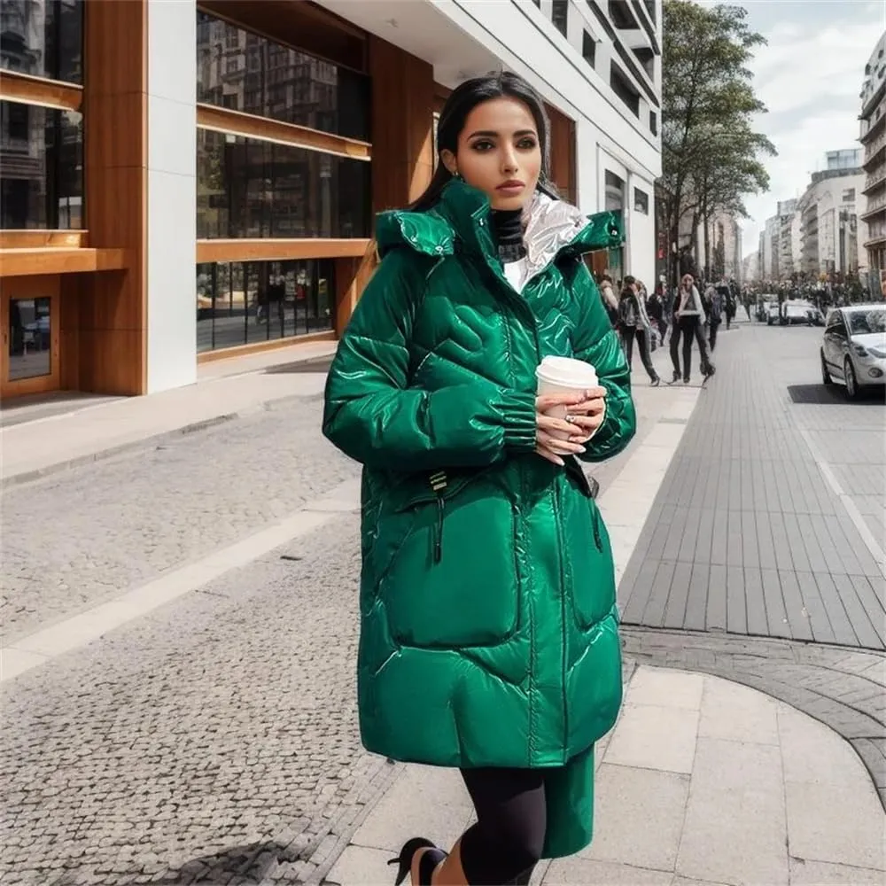 Women Hooded Down Jackets Coat Loose Warm Snow Down Cotton Padded Jacket Casual Long Parkas