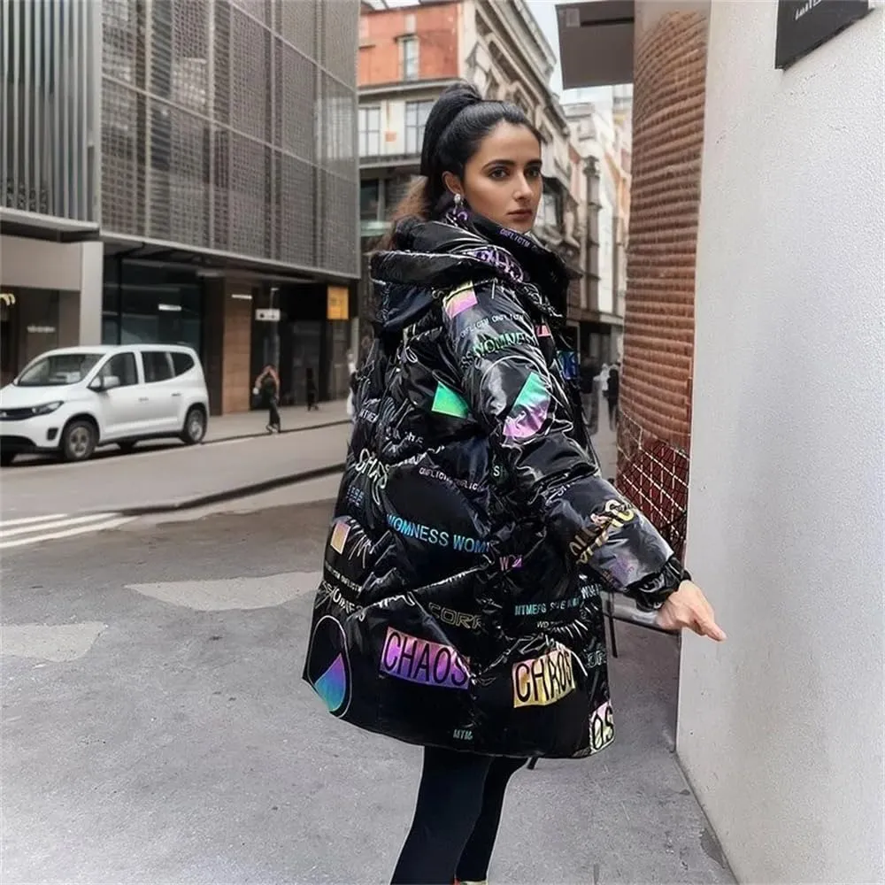 Women Hooded Down Jackets Coat Loose Warm Snow Down Cotton Padded Jacket Casual Long Parkas
