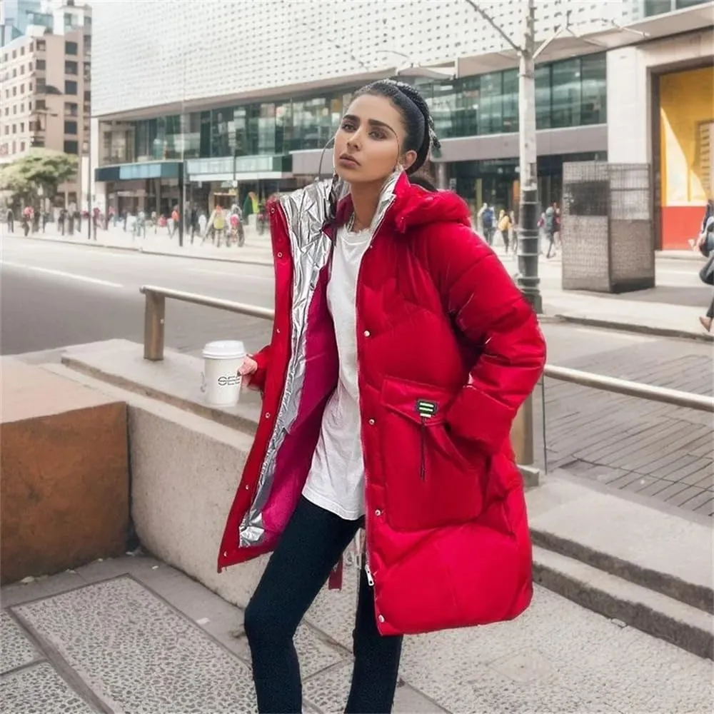 Women Hooded Down Jackets Coat Loose Warm Snow Down Cotton Padded Jacket Casual Long Parkas