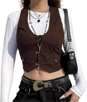 Women Sexy Dressy Vest Slim Fit Button Halter V-Neck Tuxedo Suit Waistcoats Versatile Racerback Vintage Streetwear