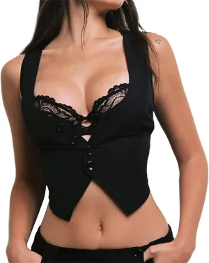 Women Sexy Dressy Vest Slim Fit Button Halter V-Neck Tuxedo Suit Waistcoats Versatile Racerback Vintage Streetwear