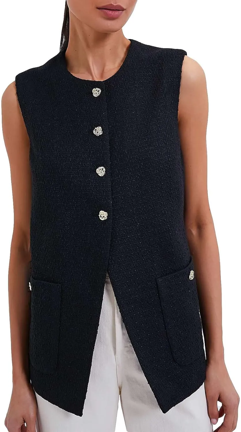 Women Sleeveless Blazer Vest Summer Button Down Round Neck Tweed Suit Vest Business Office Casual Work Waistcoat