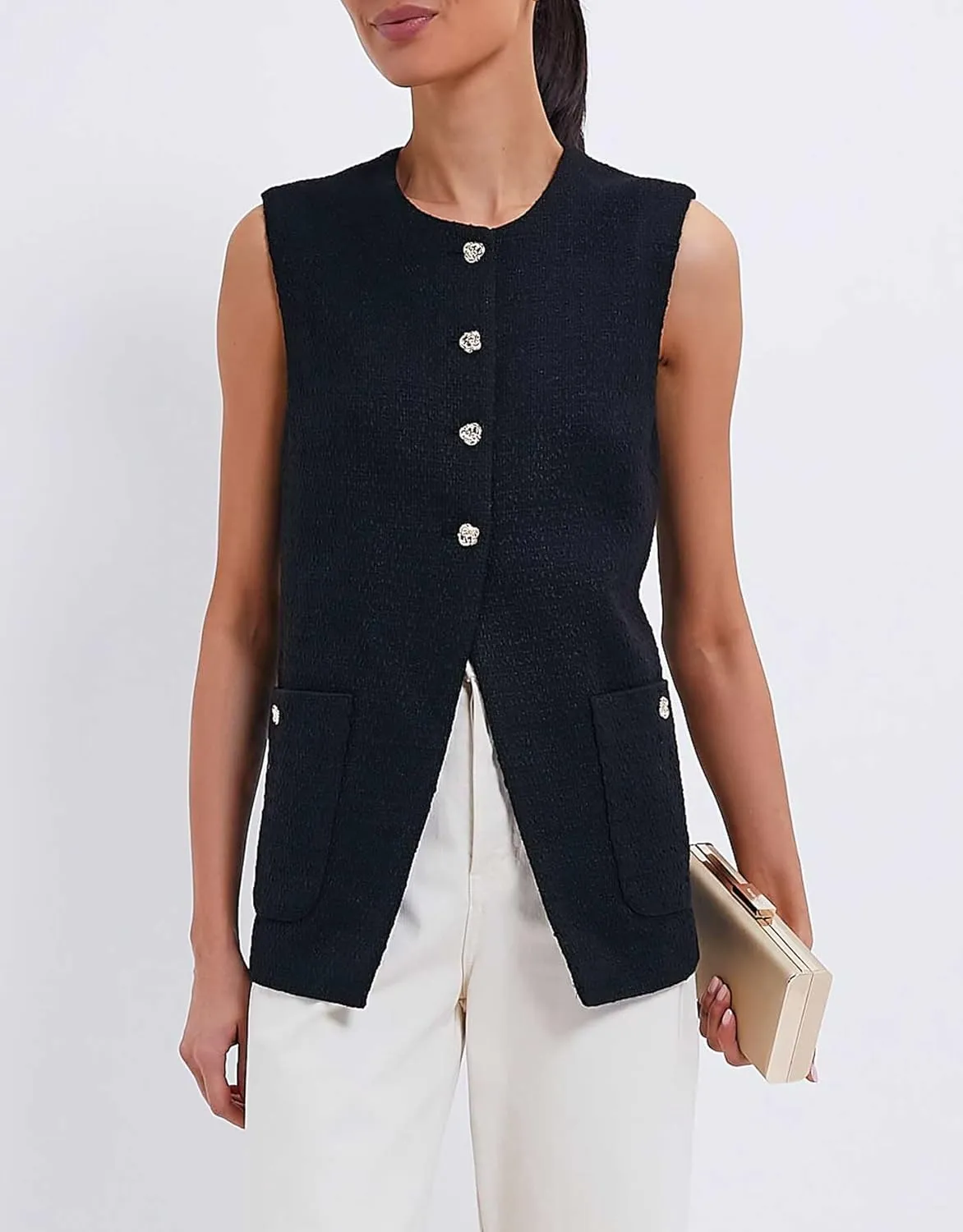 Women Sleeveless Blazer Vest Summer Button Down Round Neck Tweed Suit Vest Business Office Casual Work Waistcoat