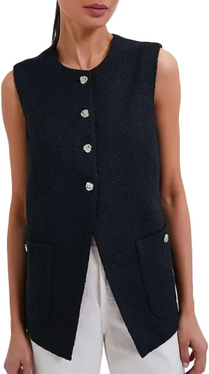 Women Sleeveless Blazer Vest Summer Button Down Round Neck Tweed Suit Vest Business Office Casual Work Waistcoat