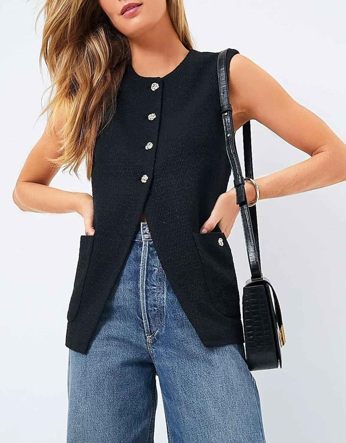 Women Sleeveless Blazer Vest Summer Button Down Round Neck Tweed Suit Vest Business Office Casual Work Waistcoat