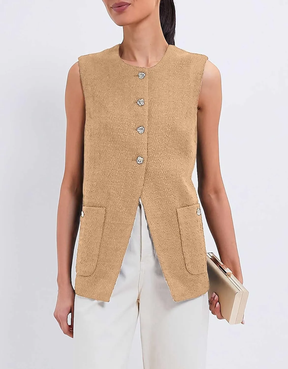 Women Sleeveless Blazer Vest Summer Button Down Round Neck Tweed Suit Vest Business Office Casual Work Waistcoat