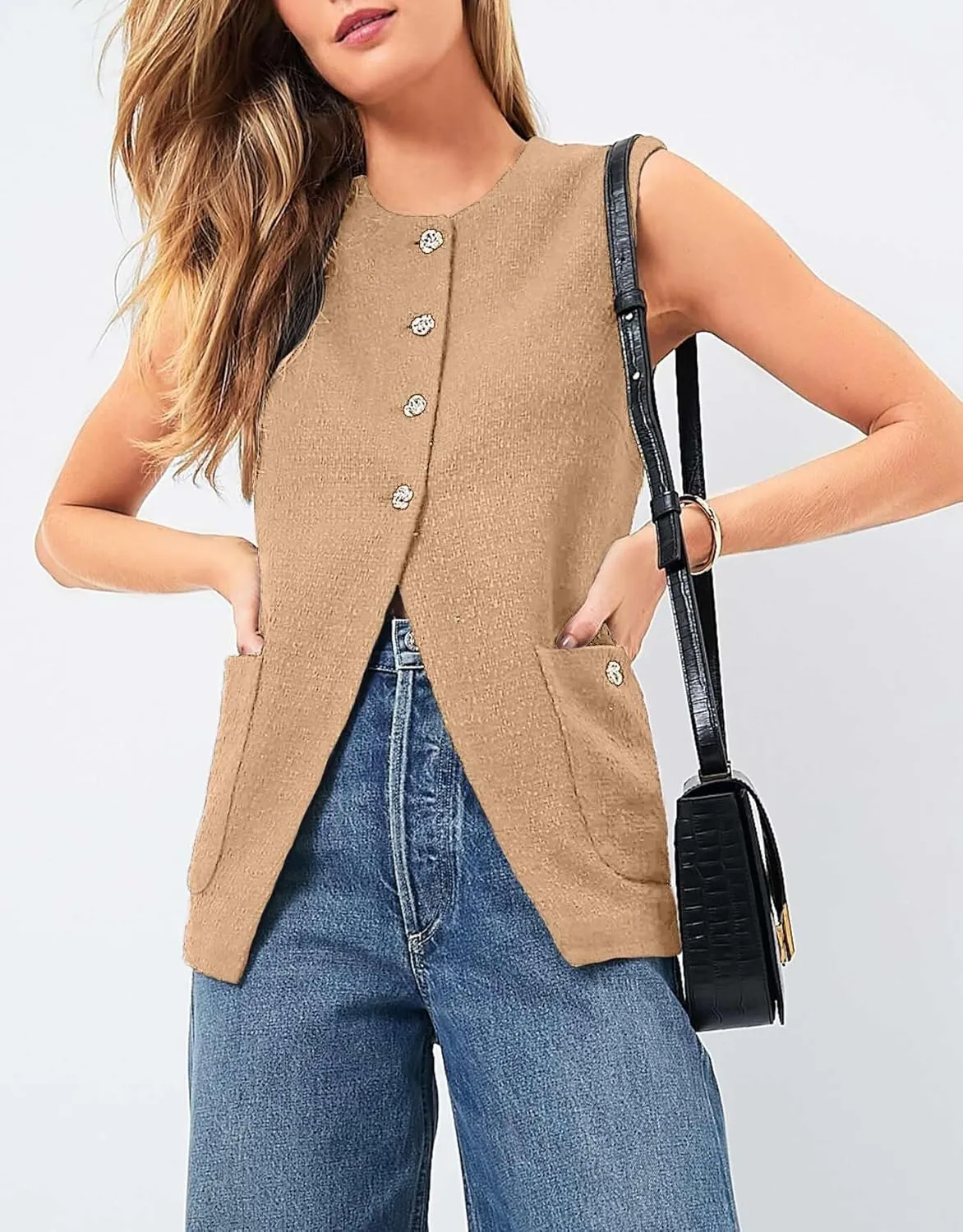 Women Sleeveless Blazer Vest Summer Button Down Round Neck Tweed Suit Vest Business Office Casual Work Waistcoat