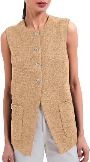 Women Sleeveless Blazer Vest Summer Button Down Round Neck Tweed Suit Vest Business Office Casual Work Waistcoat