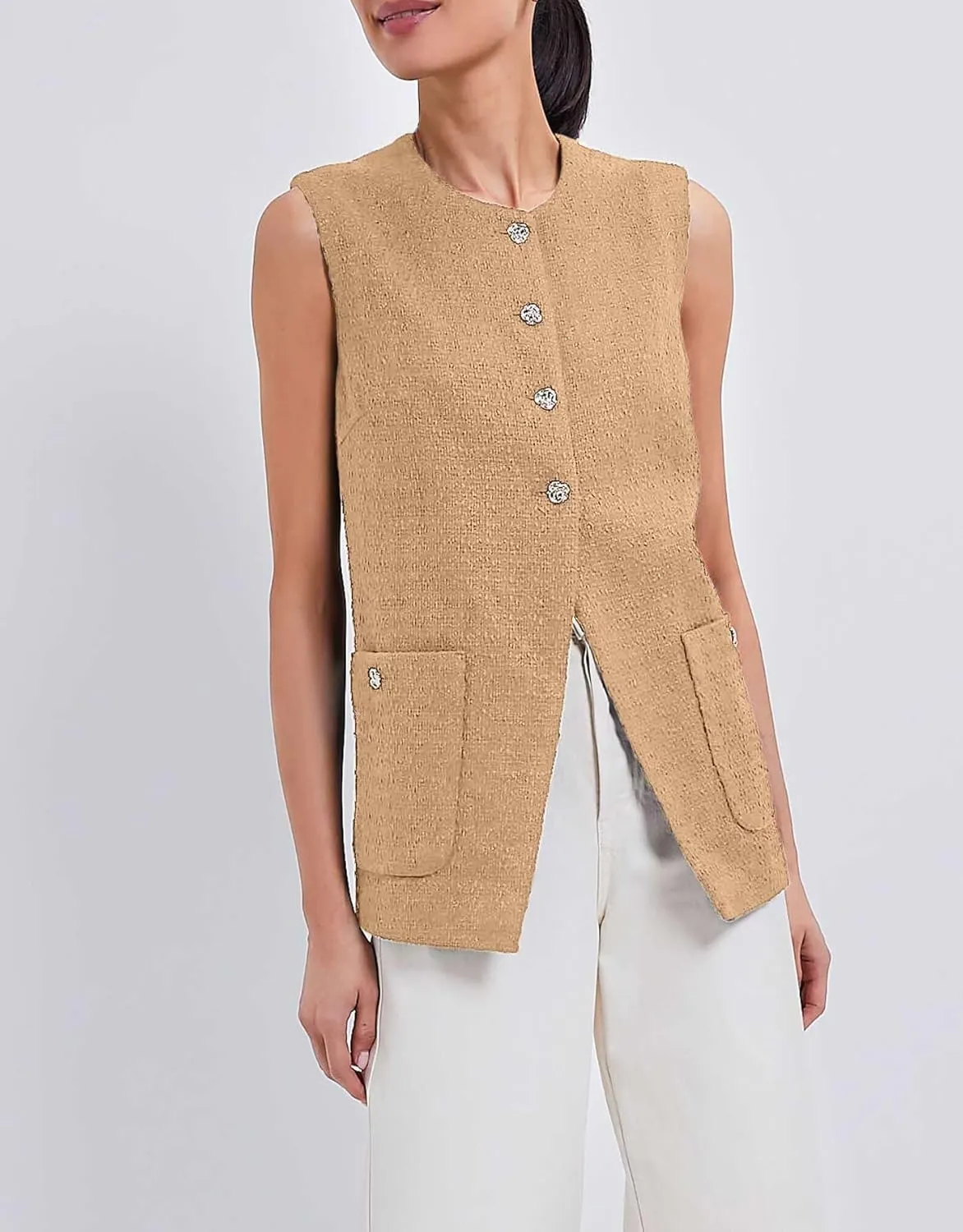 Women Sleeveless Blazer Vest Summer Button Down Round Neck Tweed Suit Vest Business Office Casual Work Waistcoat