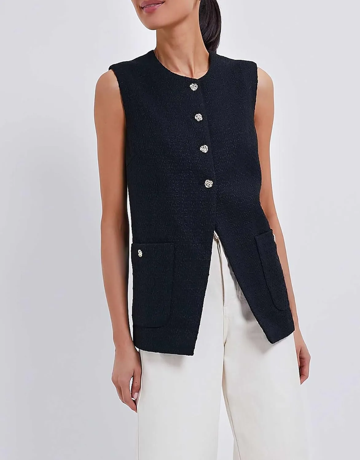 Women Sleeveless Blazer Vest Summer Button Down Round Neck Tweed Suit Vest Business Office Casual Work Waistcoat