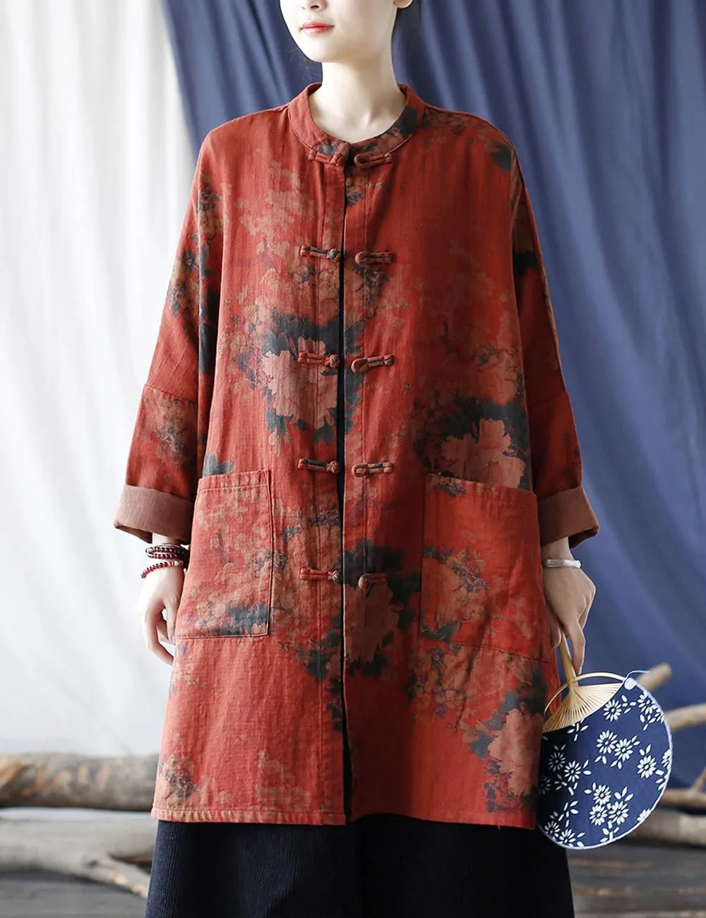 Women Vintage Inspired Mid-Length Trench Coat Floral Print Jacket Chinese Frog Button Down Outwear