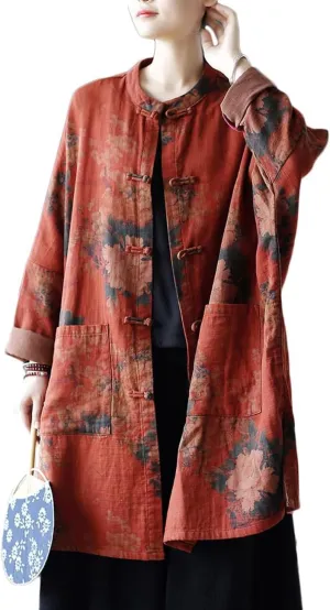 Women Vintage Inspired Mid-Length Trench Coat Floral Print Jacket Chinese Frog Button Down Outwear