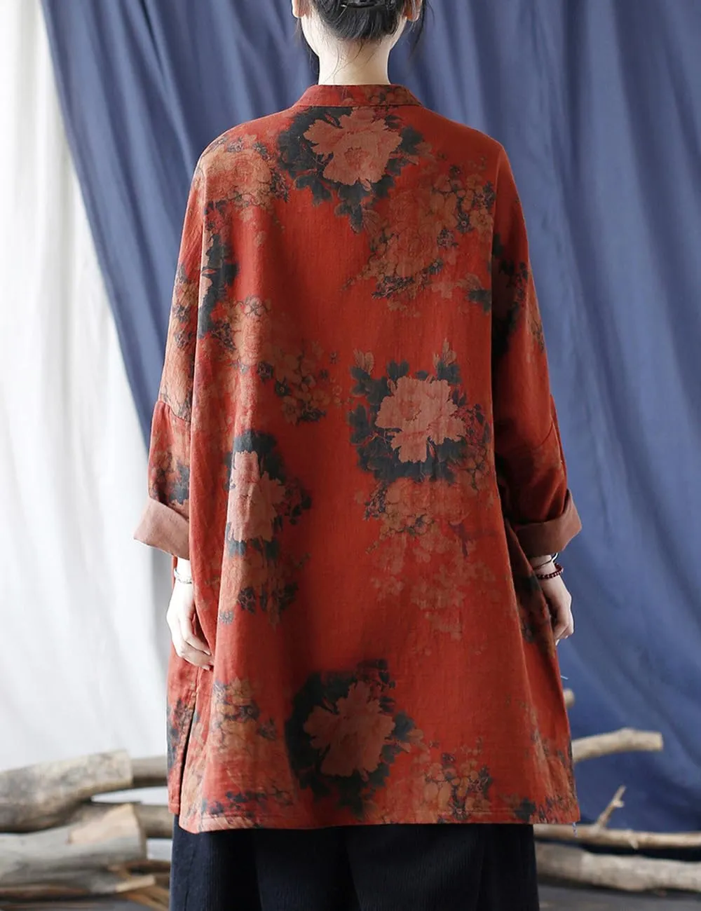 Women Vintage Inspired Mid-Length Trench Coat Floral Print Jacket Chinese Frog Button Down Outwear
