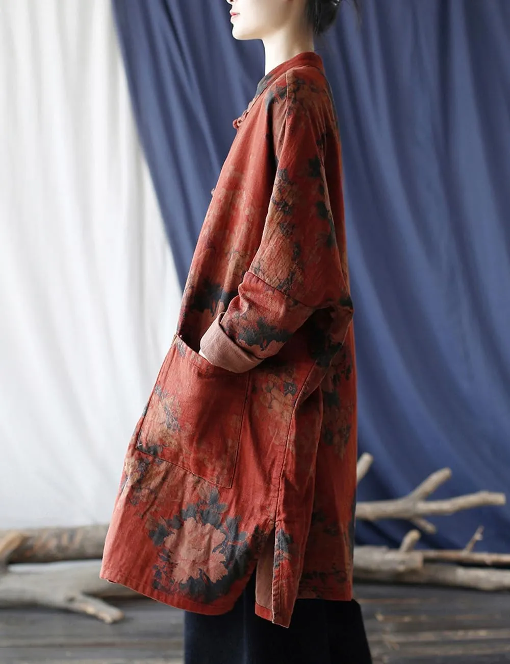 Women Vintage Inspired Mid-Length Trench Coat Floral Print Jacket Chinese Frog Button Down Outwear