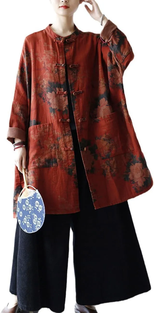 Women Vintage Inspired Mid-Length Trench Coat Floral Print Jacket Chinese Frog Button Down Outwear