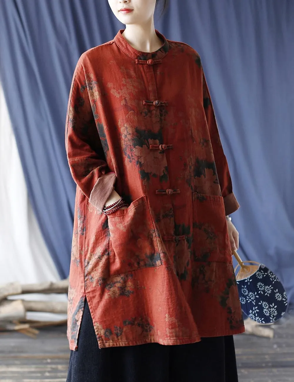 Women Vintage Inspired Mid-Length Trench Coat Floral Print Jacket Chinese Frog Button Down Outwear