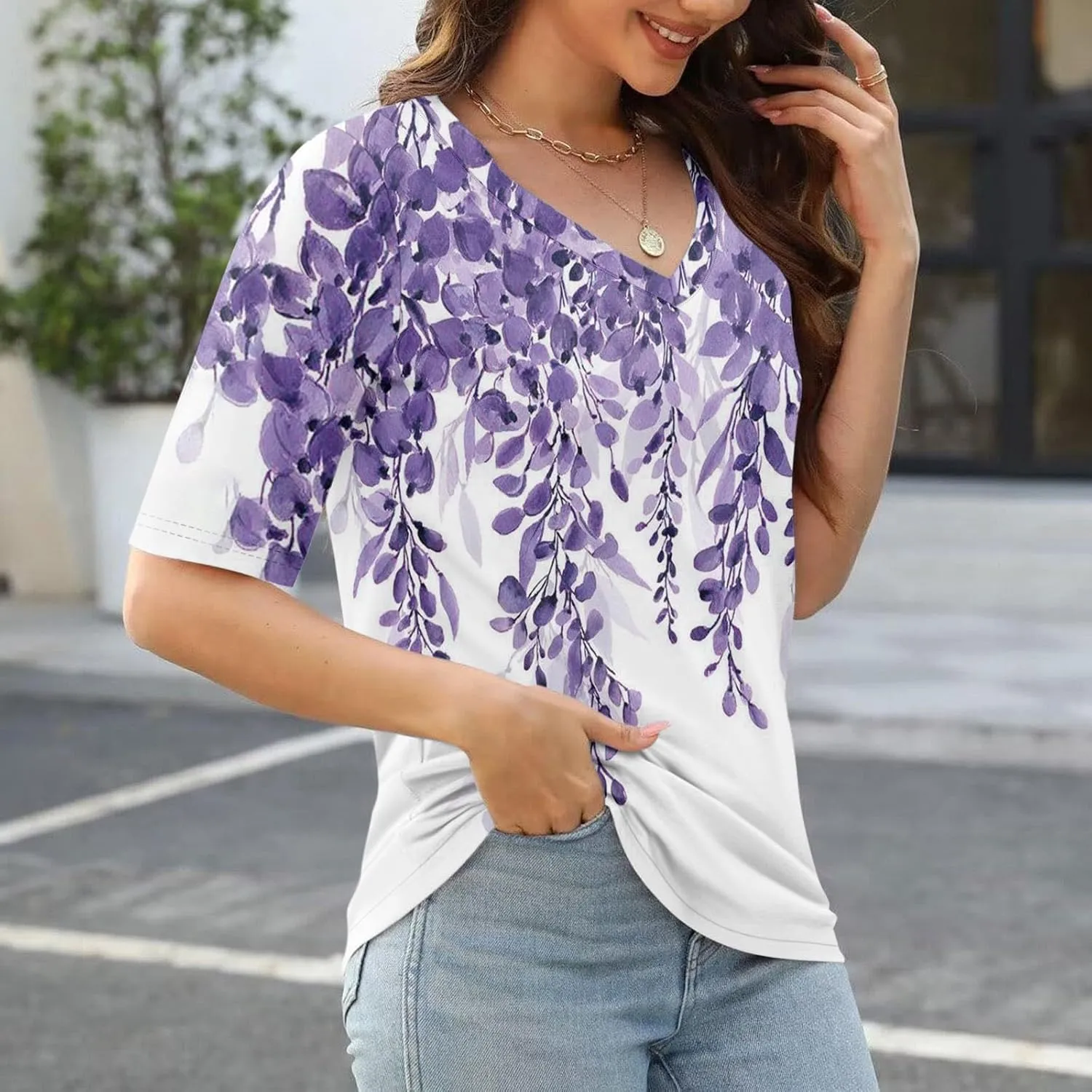Womens 2024 Summer Half Sleeve Tops Casual V Neck Summer Shirts Loose Fit Elbow Length Sleeve Blouses