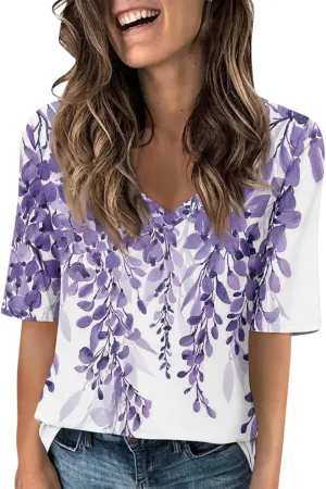 Womens 2024 Summer Half Sleeve Tops Casual V Neck Summer Shirts Loose Fit Elbow Length Sleeve Blouses
