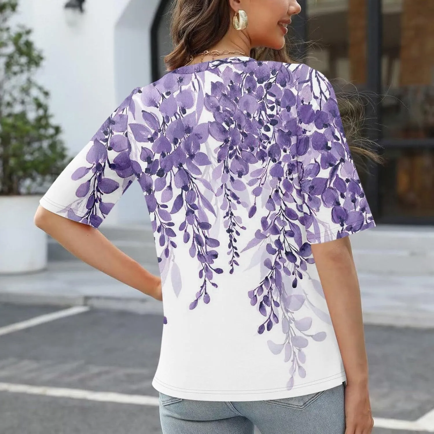 Womens 2024 Summer Half Sleeve Tops Casual V Neck Summer Shirts Loose Fit Elbow Length Sleeve Blouses