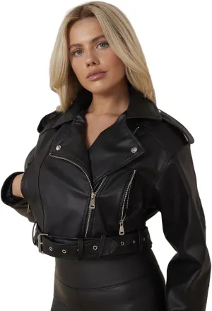 Womens Biker Faux Leather Jacket Cropped Short Belted Zip Up Coat
