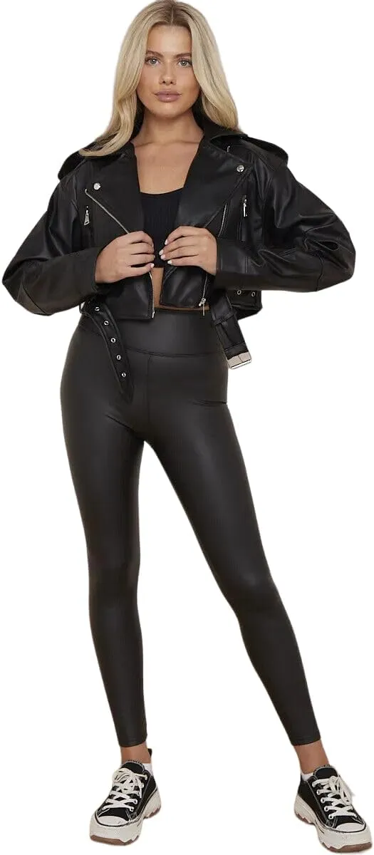 Womens Biker Faux Leather Jacket Cropped Short Belted Zip Up Coat
