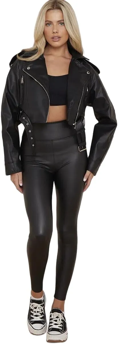 Womens Biker Faux Leather Jacket Cropped Short Belted Zip Up Coat