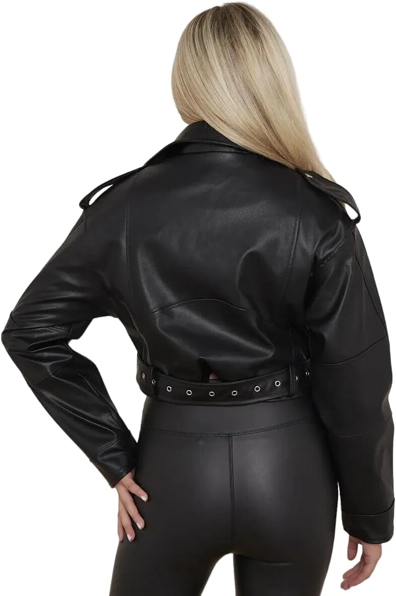 Womens Biker Faux Leather Jacket Cropped Short Belted Zip Up Coat