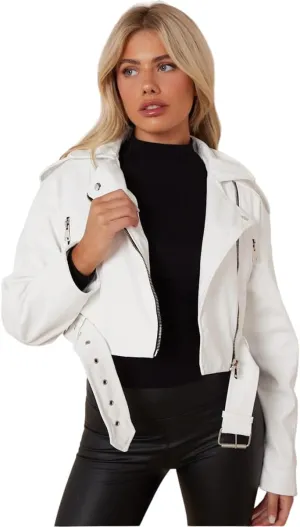 Womens Biker Faux Leather Jacket Cropped Short Belted Zip Up Coat