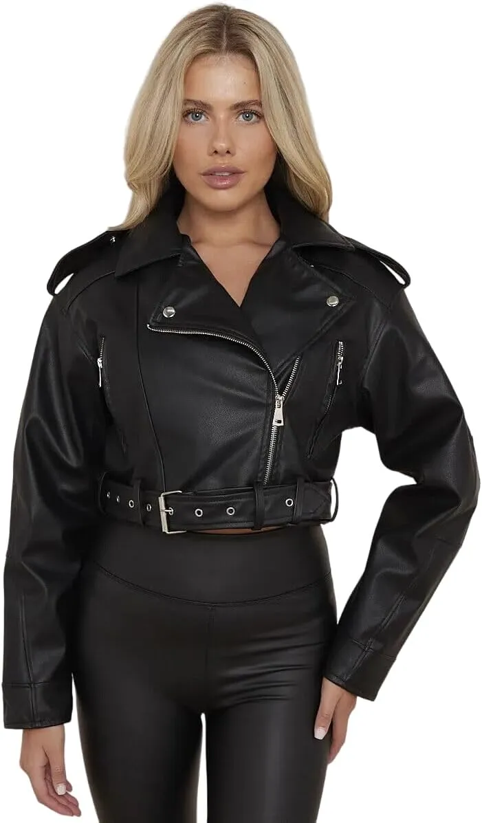 Womens Biker Faux Leather Jacket Cropped Short Belted Zip Up Coat