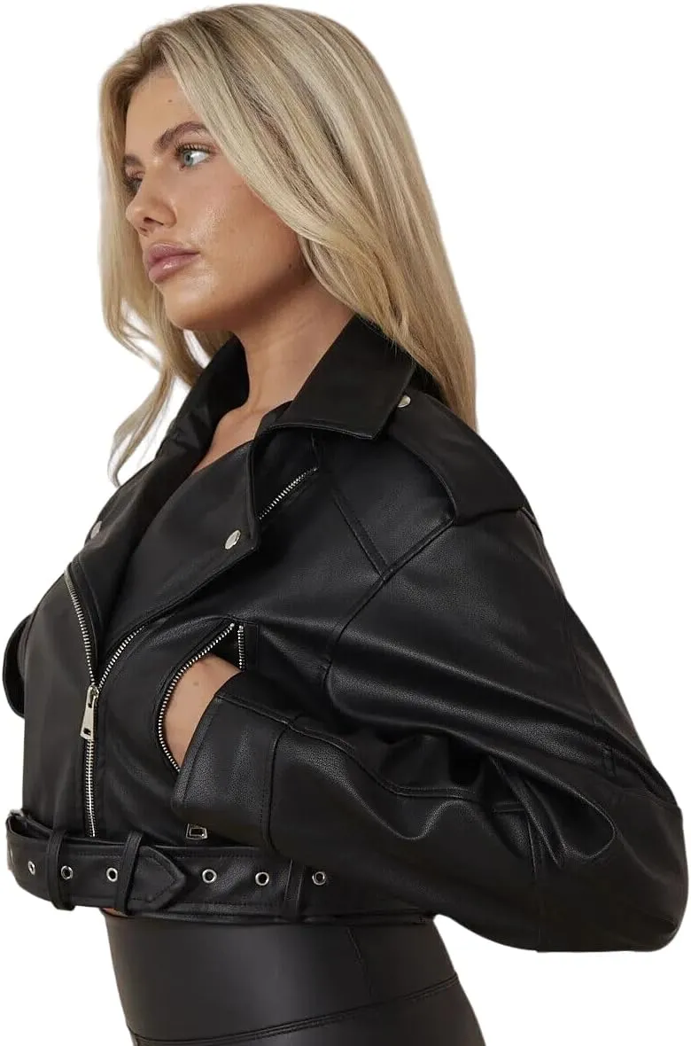 Womens Biker Faux Leather Jacket Cropped Short Belted Zip Up Coat
