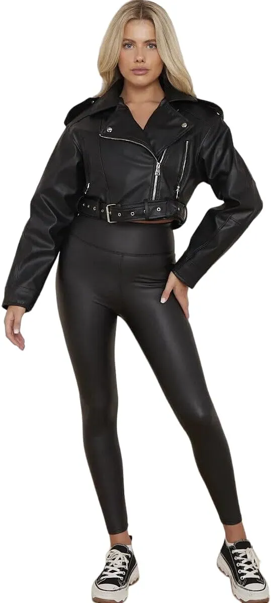 Womens Biker Faux Leather Jacket Cropped Short Belted Zip Up Coat