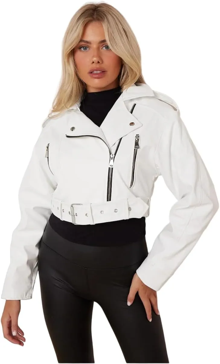 Womens Biker Faux Leather Jacket Cropped Short Belted Zip Up Coat