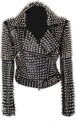 Women's Brando Full Long Spiked Punk Rock Studded Genuine Leather Jacket - Rockstar Music Festival Moto Biker Studded Jacket