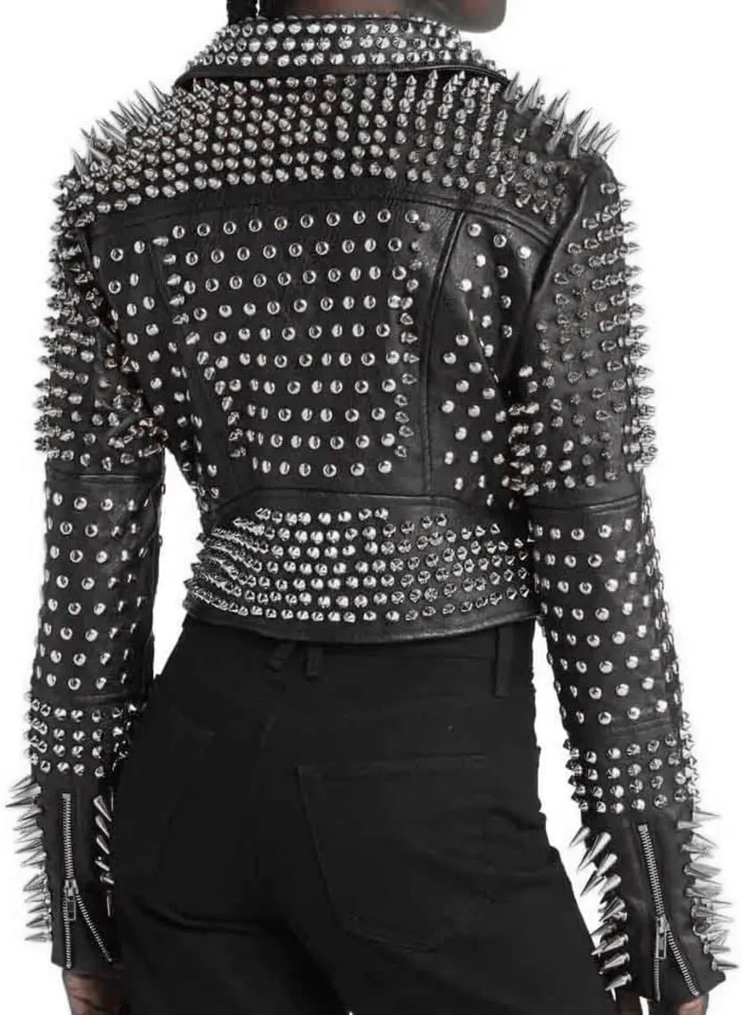 Women's Brando Full Long Spiked Punk Rock Studded Genuine Leather Jacket - Rockstar Music Festival Moto Biker Studded Jacket
