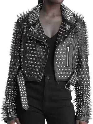 Women's Brando Full Long Spiked Punk Rock Studded Genuine Leather Jacket - Rockstar Music Festival Moto Biker Studded Jacket