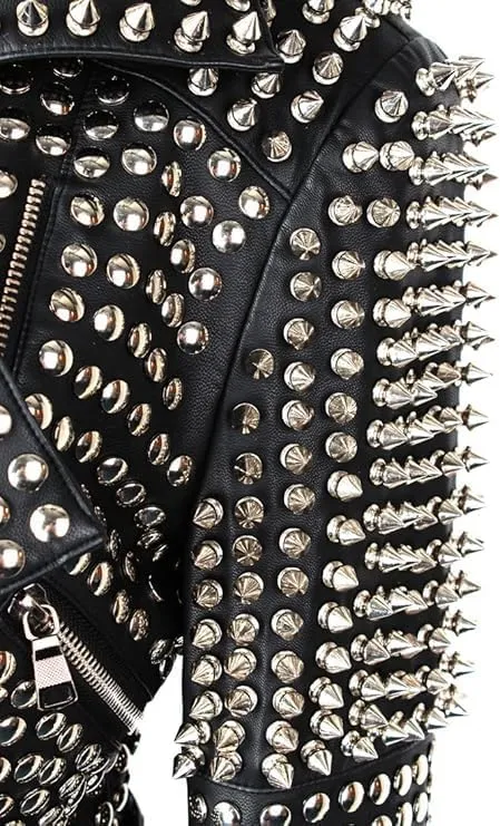 Women's Brando Full Long Spiked Punk Rock Studded Genuine Leather Jacket - Rockstar Music Festival Moto Biker Studded Jacket