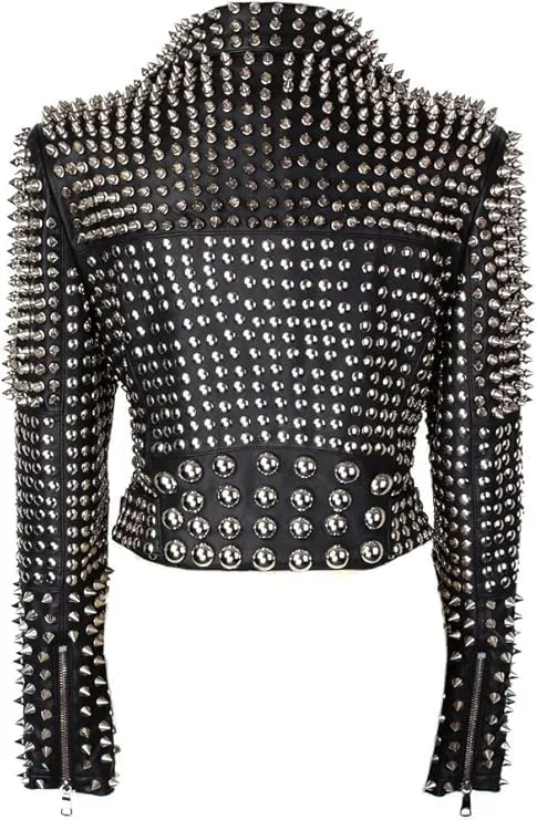 Women's Brando Full Long Spiked Punk Rock Studded Genuine Leather Jacket - Rockstar Music Festival Moto Biker Studded Jacket
