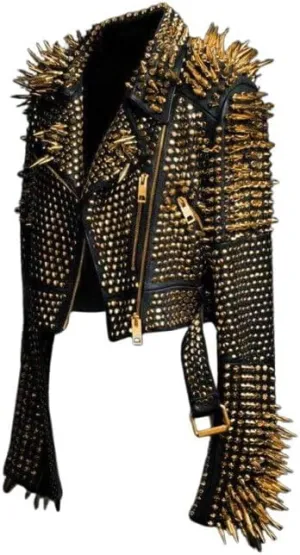 Women's Brando Full Long Spiked Punk Rock Studded Genuine Leather Jacket - Rockstar Music Festival Moto Biker Studded Jacket