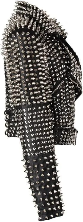 Women's Brando Full Long Spiked Punk Rock Studded Genuine Leather Jacket - Rockstar Music Festival Moto Biker Studded Jacket