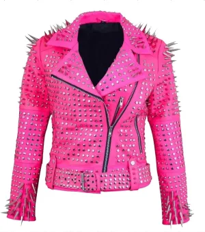 Women's Brando Full Long Spiked Punk Rock Studded Leather Jacket - Punk Rockstar Music Festival Moto Biker Jacket
