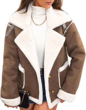 Women's Button Down Faux Suede Leather Jacket Notched Lapel Long Sleeve Solid Fuzzy Thick Warm Coat with Pockets