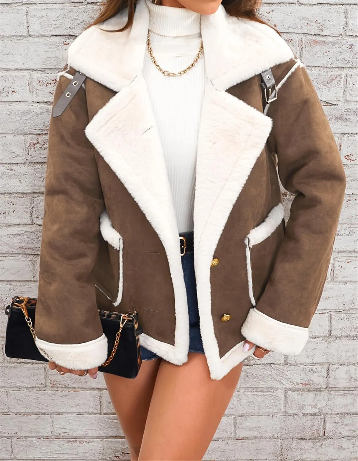 Women's Button Down Faux Suede Leather Jacket Notched Lapel Long Sleeve Solid Fuzzy Thick Warm Coat with Pockets