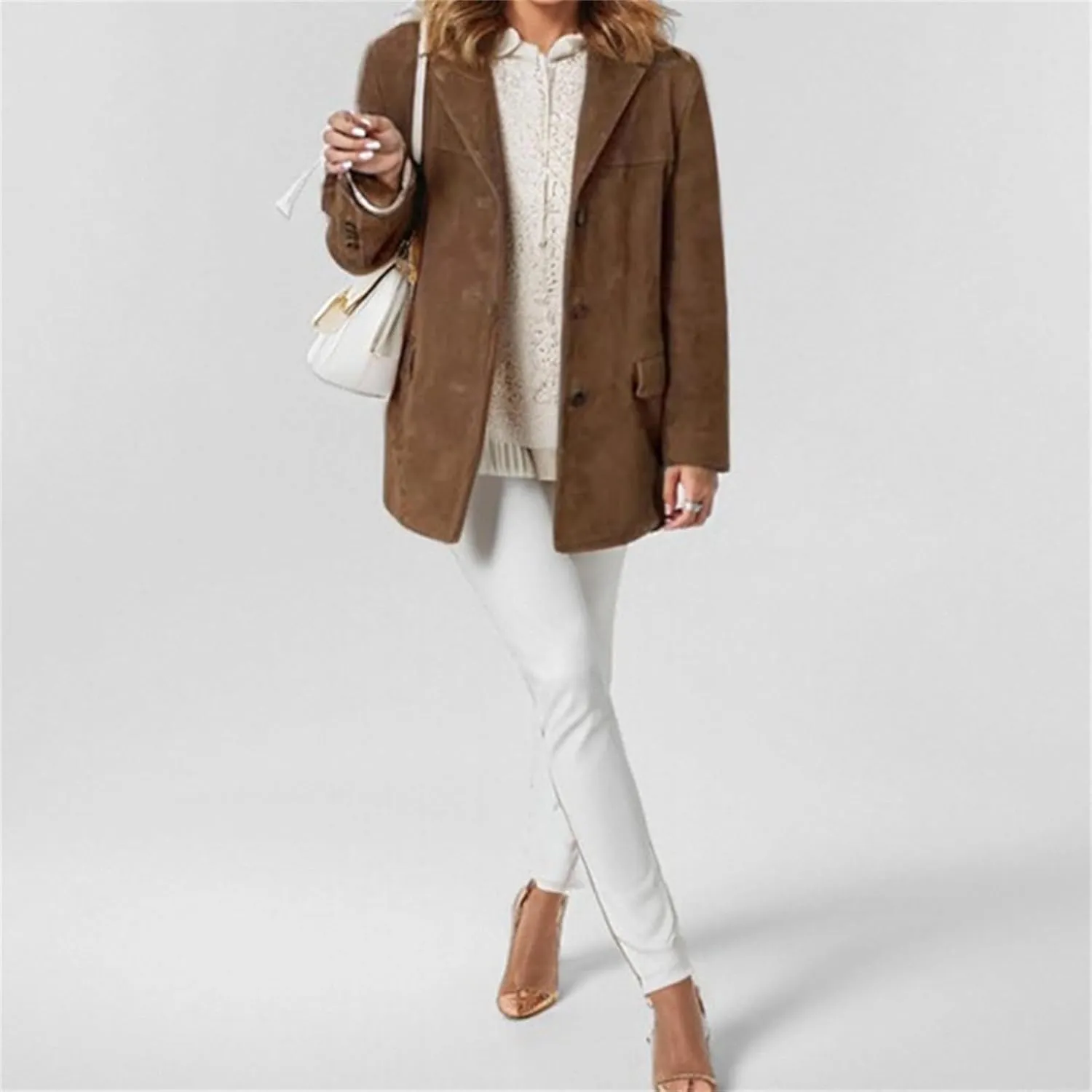 Women's Buttoned Suede Jacket Blazer Casual Vintage Long Sleeve Notch Lapel Collar Trenchcoat Business Blazers