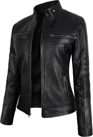 Women's Cafe Racer Motorcycle Slim Fit Biker Black Real Lambskin Leather Jacket