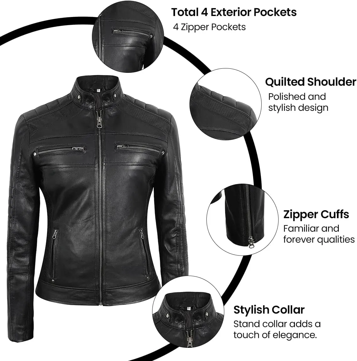 Women's Cafe Racer Motorcycle Slim Fit Biker Black Real Lambskin Leather Jacket