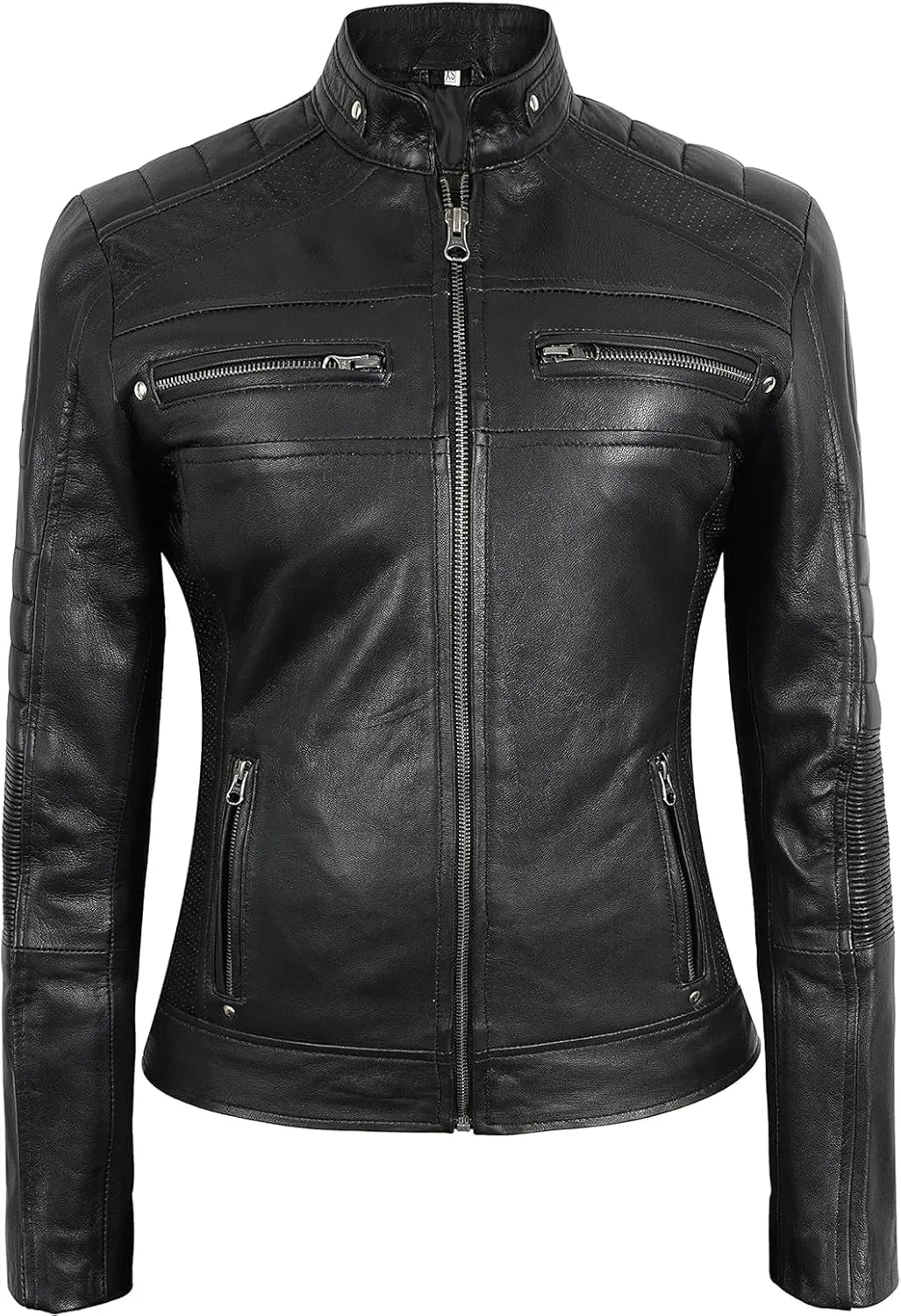Women's Cafe Racer Motorcycle Slim Fit Biker Black Real Lambskin Leather Jacket