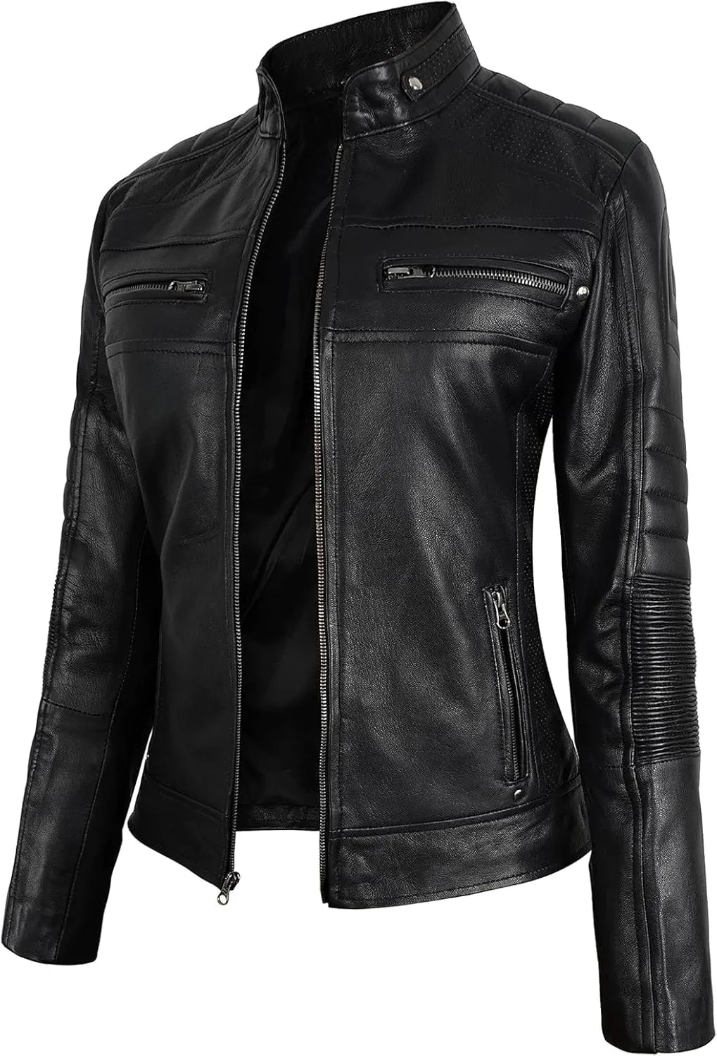 Women's Cafe Racer Motorcycle Slim Fit Biker Black Real Lambskin Leather Jacket