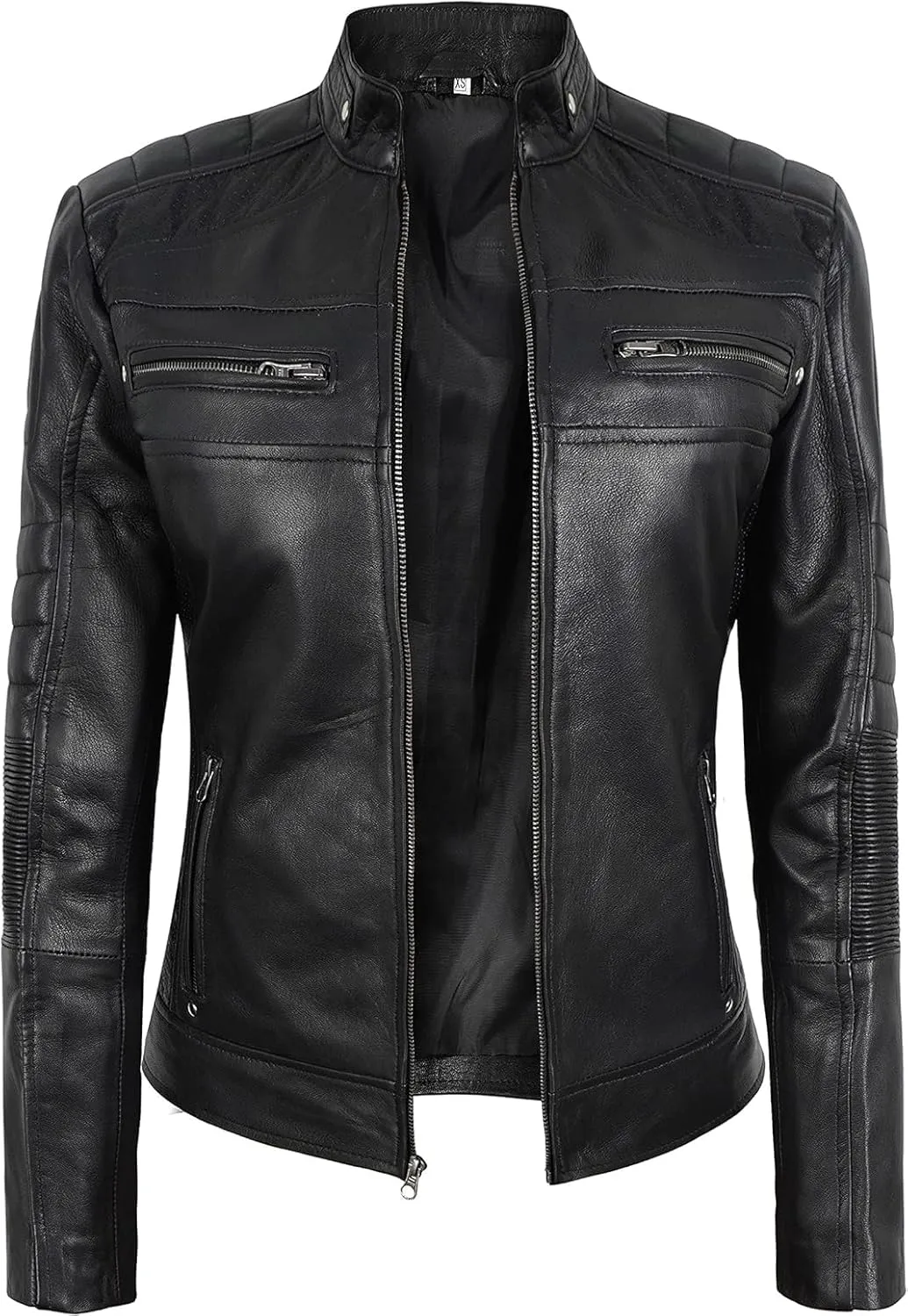 Women's Cafe Racer Motorcycle Slim Fit Biker Black Real Lambskin Leather Jacket